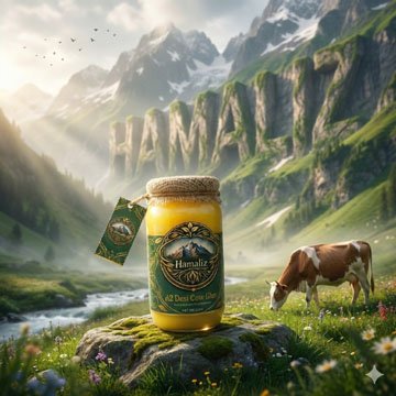 Hamaliz A2 desi cow ghee jar in a natural mountain setting